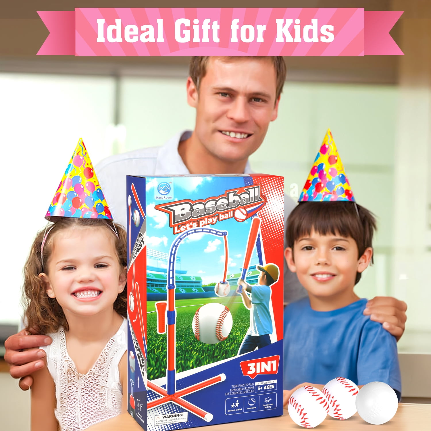 Beefunni 3-in-1 Baseball Set for Toddlers Kids 3-8 - Tee Ball Stand, Hanging Tee, Ball Launcher and 6 Baseballs -  Indoor/Outdoor Sport Gifts for Boys (Pink&Purple)