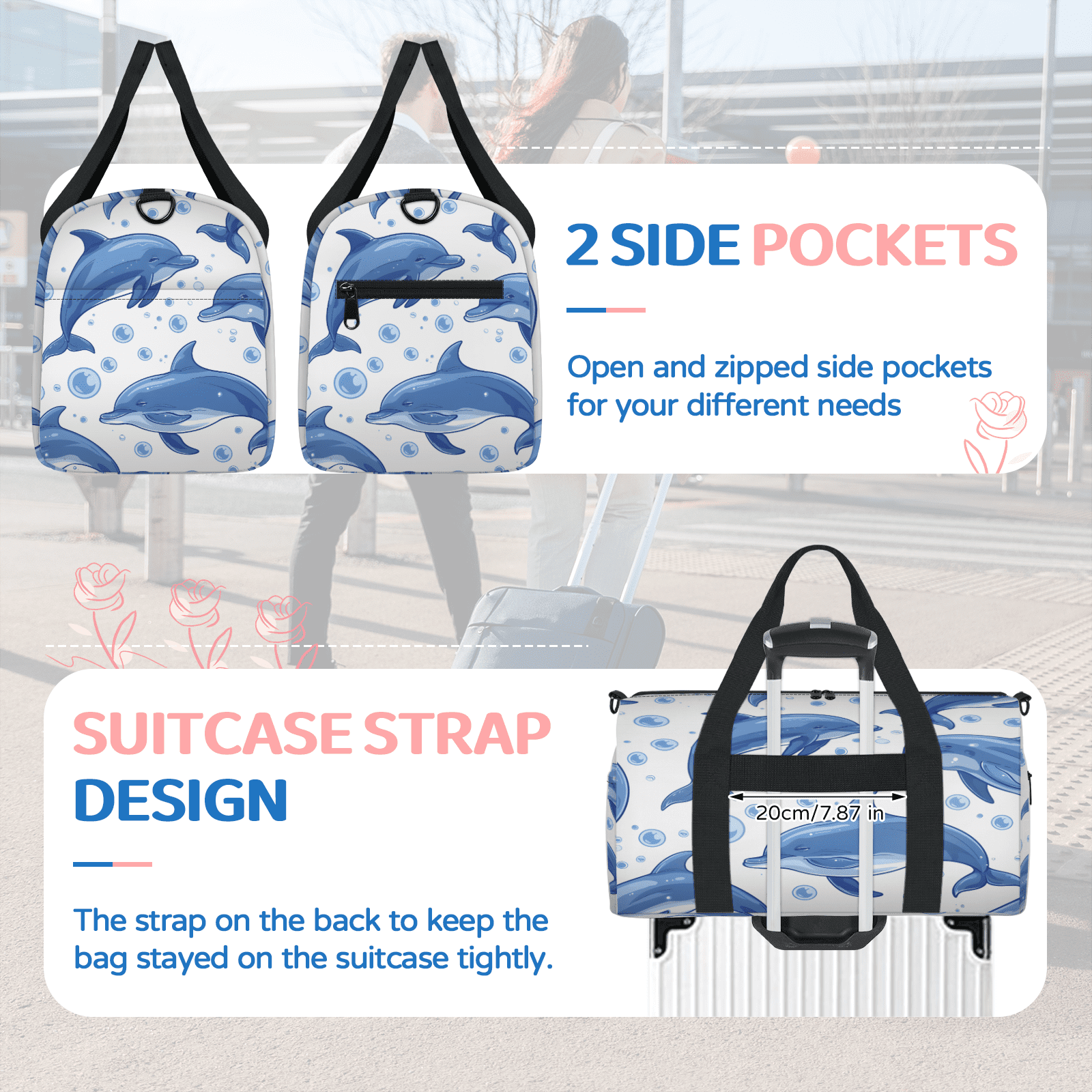 Herdesigns Dolphin Gym Bag for Women, Duffle Bag for Travel Sport, Sea Animal Lightweight Waterproof Carry on Weekender Dance Yoga Workout Bags
