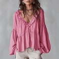 thumbnail image 2 of Women’s Long Sleeve V Neck Ruffle Blouse Loose Fit Lightweight Top with Tiered Design for Casual Daily Wear Pink XL, 2 of 5