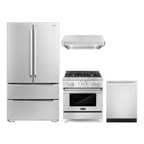 Cosmo 4 Piece Kitchen Appliance Package with 30" Freestanding Gas Range 30" Under Cabinet Range Hood 24" Built-in Integrated Dishwasher & French Door Refrigerator Kitchen Appliance Bundles
