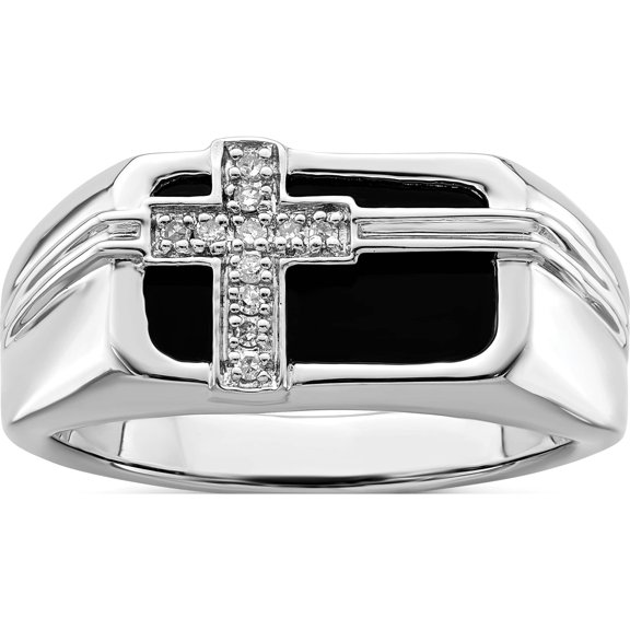 Sterling Silver Ss Rh Plated White Night Diamond Black Onyx Cross Men's Ring (Size 10) Made In India qr5552-10