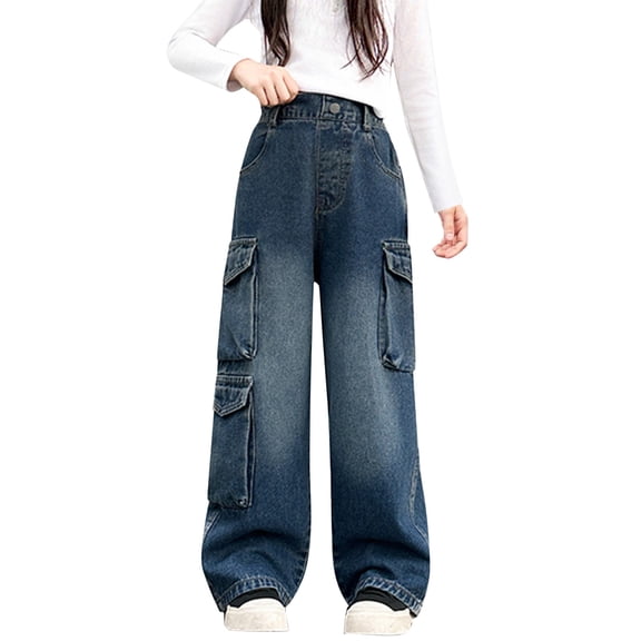 EnJoCho Girls Cargo Jeans Baggy Wide Leg Multi Pockets Streetwear Denim Flare Straight Retro 𝖸2𝖪 Trousers Teen Kids Casual Fashion Utility Elastic Waist