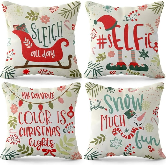 , Merry Christmas Pillow Covers - 18x18 Inch, Pack of 4 | Snow Much Fun Pillow Covers, Christmas Throw Pillow Covers | Holiday Pillow Covers, Winter Pillow Covers, Christmas Decorations Indoor