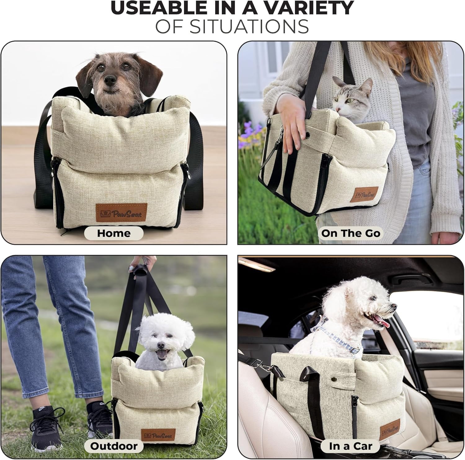 Center Console Dog Car  for Small Dogs 5-13Lbs with Safety Belt and Storage Pockets - Beige Woven