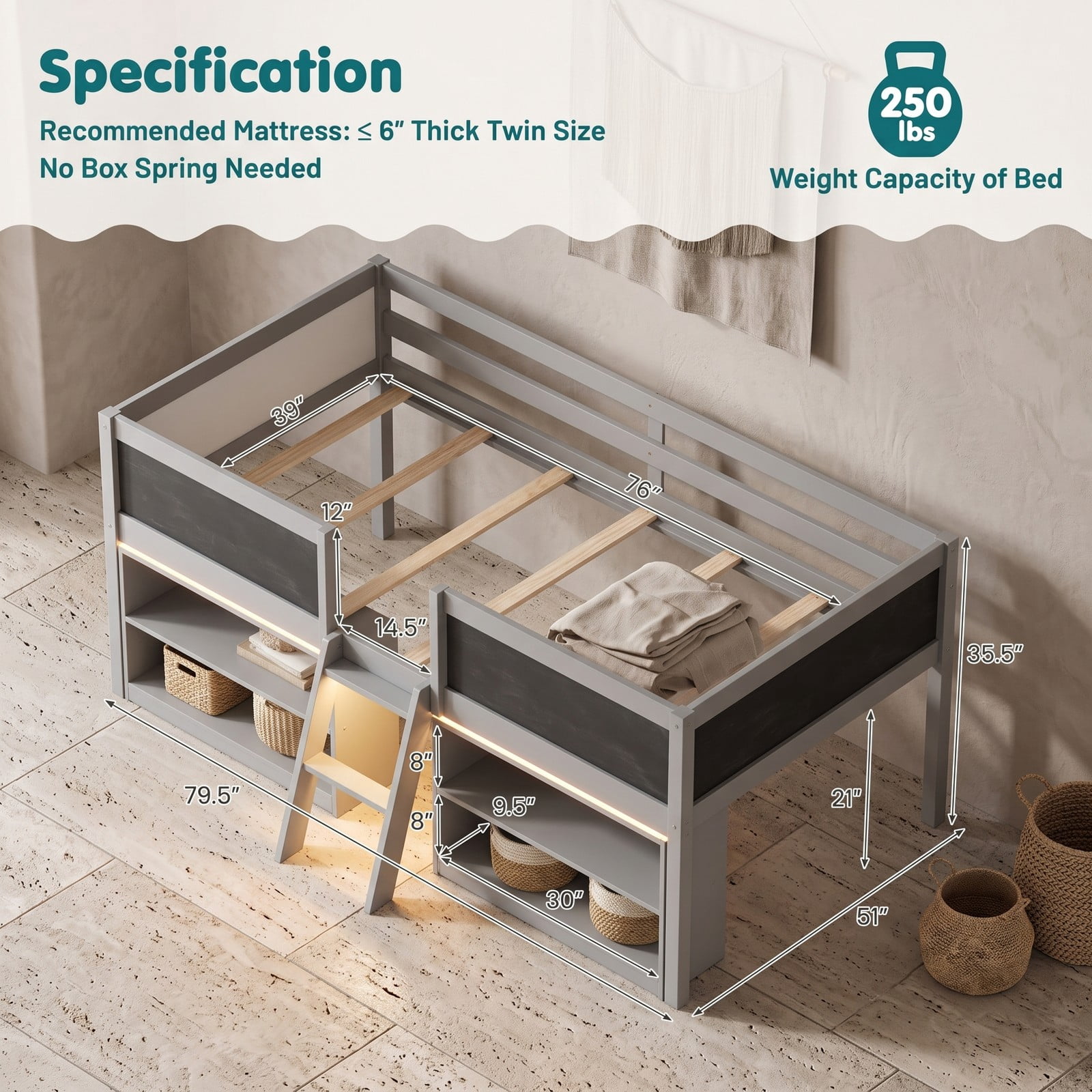 Furnibear Low Loft Bed with LED Lights and Bookcases for Kids Bedroom, Space-Saving Wood Cabin Bed with Storage Shelves and Chalkboard, Gray