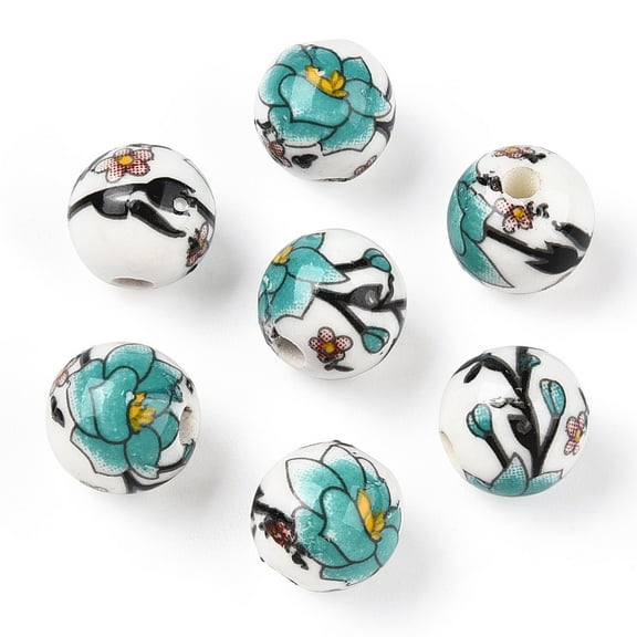 200pcs Handmade Printed Porcelain Beads Round Medium Turquoise 8mm Hole: 2mm