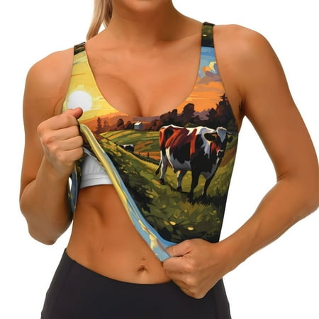 Qokaie Oil Painting Style Pasture Cow Pattern Womens Scoop Neck Sports Bra Breathable Workout Vest Padded U Back Medium Impact Fitness Gym Yoga Bra Workout Crop Top