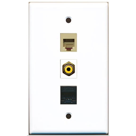 RiteAV - 1 Port RCA Yellow and 1 Port Phone RJ11 RJ12 Beige and 1 Port Cat5e Ethernet Black Wall Plate