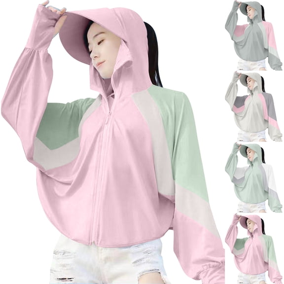 MKOSPLRT Women's Sun Protection Jacket Hoodie with Mask Color Block UV Lightweight Full Zipper Long Sleeve Clothing Shirt Outdoor