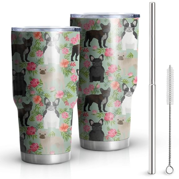 30oz Cute Bulldog Dog and Flower Florals Tumblers Stainless Steel Tumbler with Lid and Straw,Vacuum Insulated Double Wall Travel Tumbler Cups Mug with Cleaning Brush for Coffee,Tea