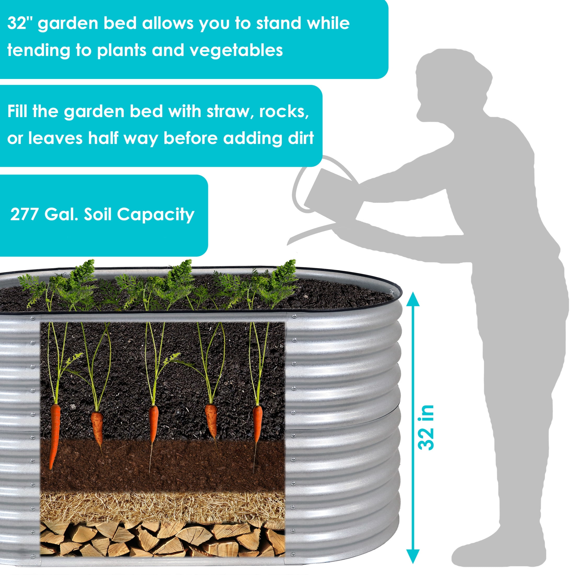Sunnydaze 62.5" x 32" x 32" Oval Silver Steel Stackable Raised Garden Bed