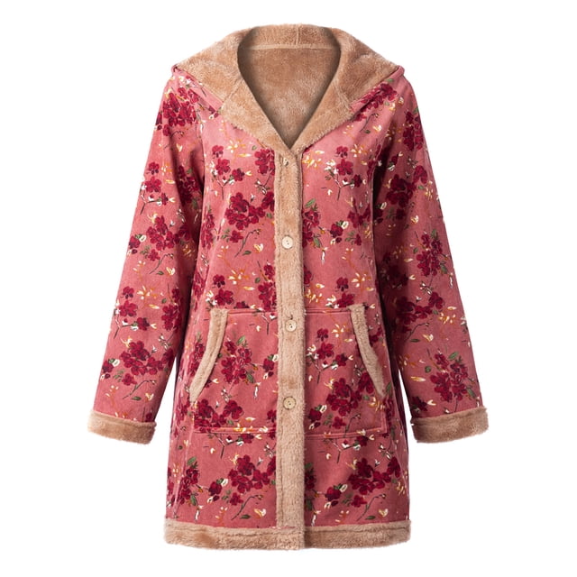 Moda mujer abrigo de invierno estampado floral forro polar con capucha manga larga chaqueta cálida d Abanopi Medio