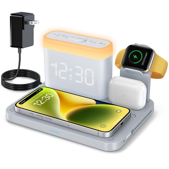 ANJANK Wireless Charging Station with Alarm Clock & Night Light,Magnetic 5 in 1 Charger Stand for Multiple-Device,Charging Dock for iPhone 17 16 15 1