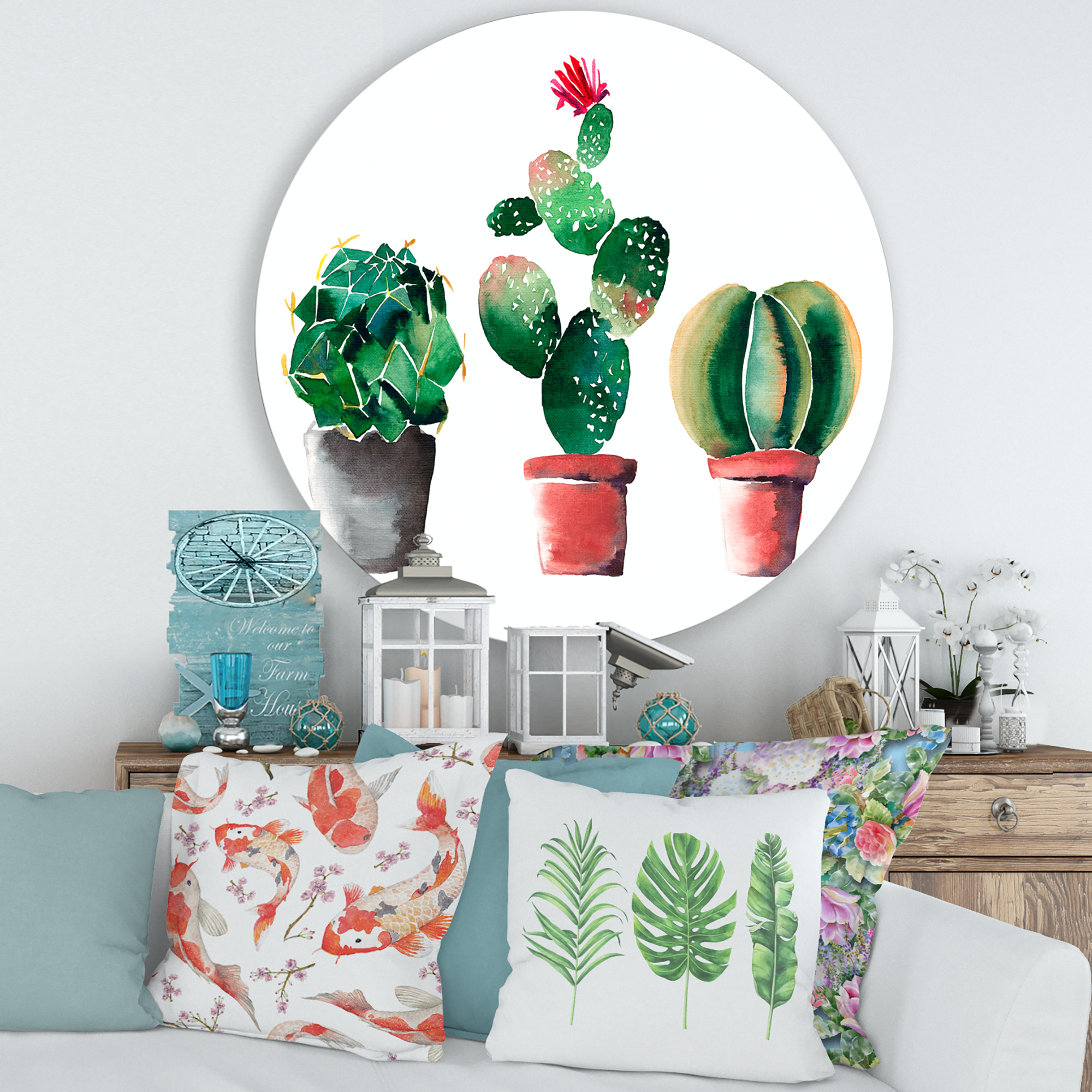 Designart 'Three Cacti In Clay Pots On White' Traditional Circle Metal Wall Art 36x36 - Disc of 36