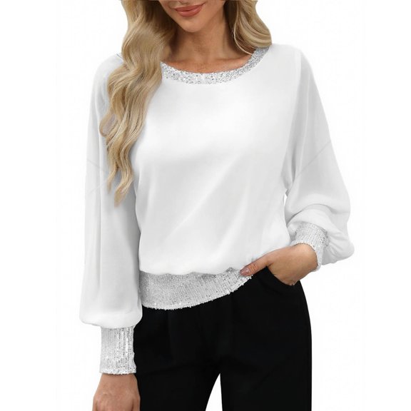 Jalioing Trendy Long Sleeve Shirts for Women Solid Patchwork Sequin Tops Fashion Long Sleeve Crew Neck Blouse
