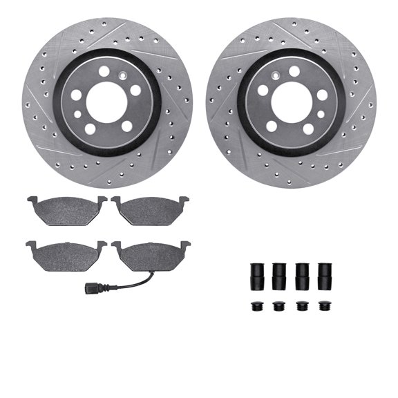 Dynamic Friction Company Front Brake Rotors-Drilled and Slotted-Silver with 5000 Advanced Brake Pads includes Hardware 7512-74026