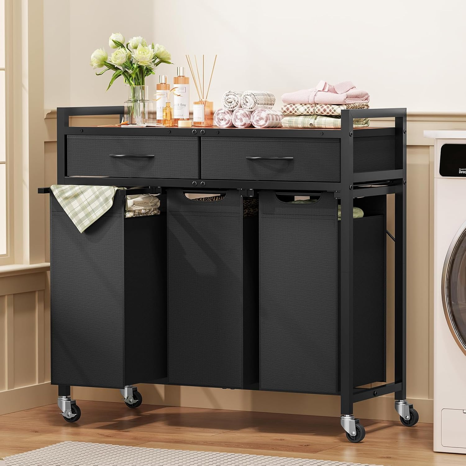Laundry Sorter 3 Section, 120 L Laundry Hamper with 2 Drawers & 2-tone Top Panel, Rolling Laundry Basket Organizer with Pull-Out Removable Oxford Fabric Bags for Laundry Room Organization