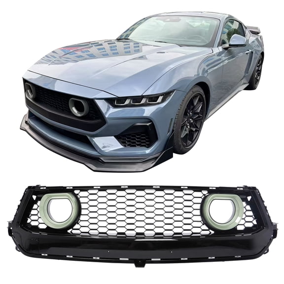 Ikon Motorsports Front Upper Grille, Compatible with 2024-2026 Ford Mustang EcoBoost/GT, Gloss Black Grille with Smoke Lens IKON V1 Style ABS Plastic Replacement Front Bumper Hood Grill w/ LED