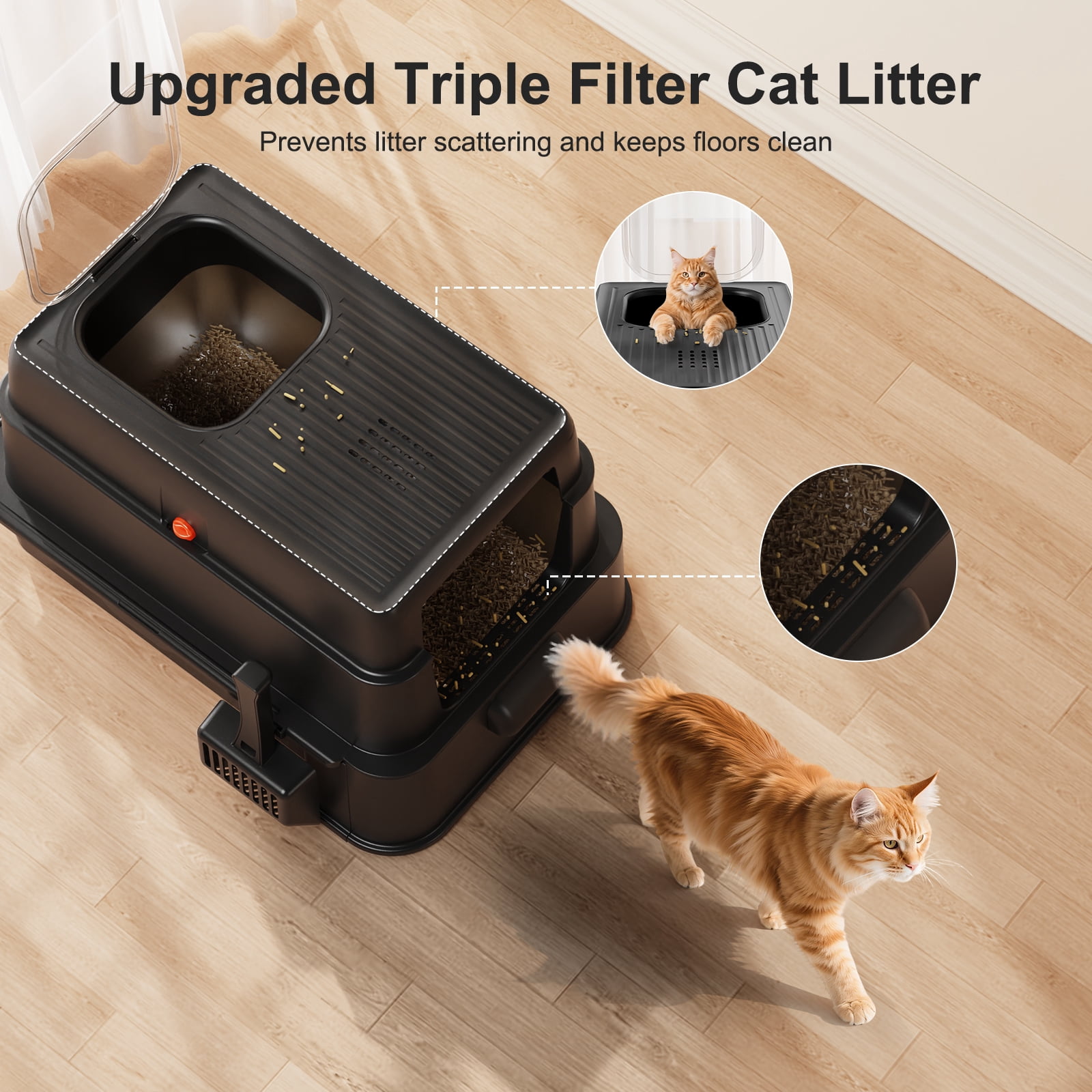 Stainless Steel Cat Litter Box with Lid, Foldable Enclosed Litter Box, Extra Large Metal Litter Box with Scoop and Mat, 24"*16.1"*16.1", Black
