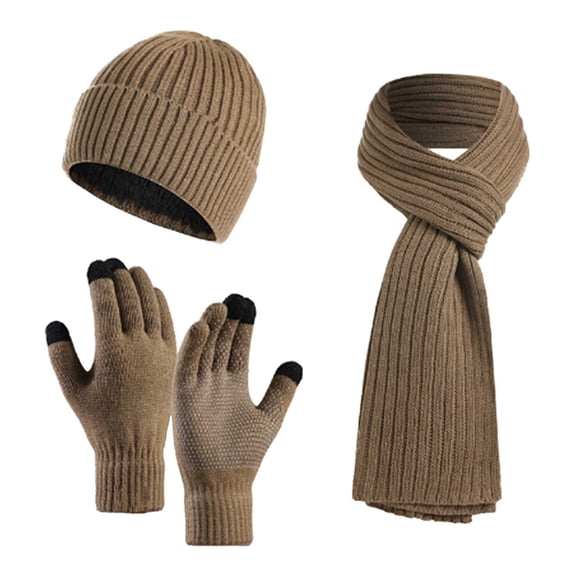 PMVFHDE Men and Women Winter Daily Casual Versatile Solid Color Comfortable Soft Thickened Warm Scarf Hat Gloves Three-Piece Set Cold Weather Outdoor Activities Warm Set Khaki