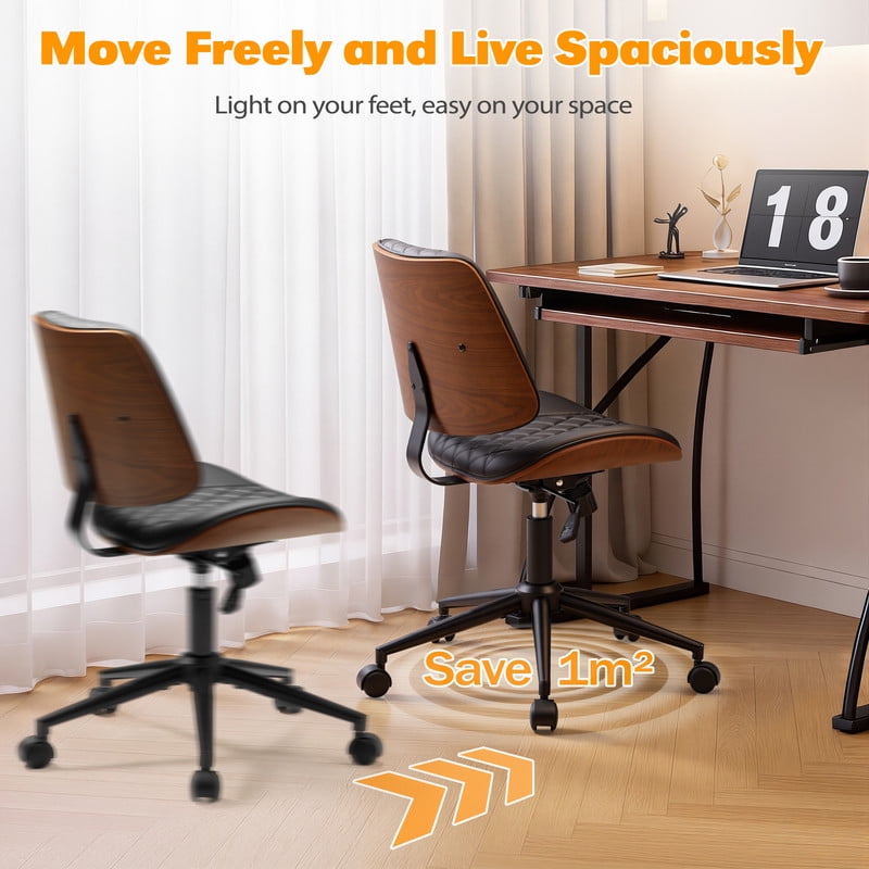 Homall Armless Office Chair, Curved Wood Accent Desk Chair with Adjustable Height, PU Task Chair for for Small Spaces, Black