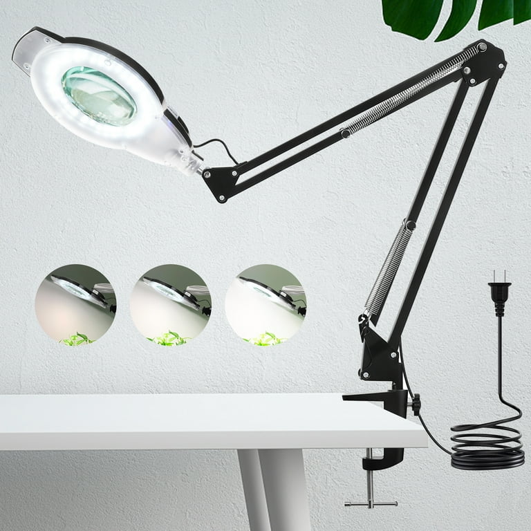  Magnifying Glass with Light and Stand, 3 Color Modes Stepless  Dimmable, 5-Diopter Glass Lens, Adjustable Swivel Arm, LED Magnifier Desk  Lamp for Close Work, Repair, Crafts, Reading - Long : Health