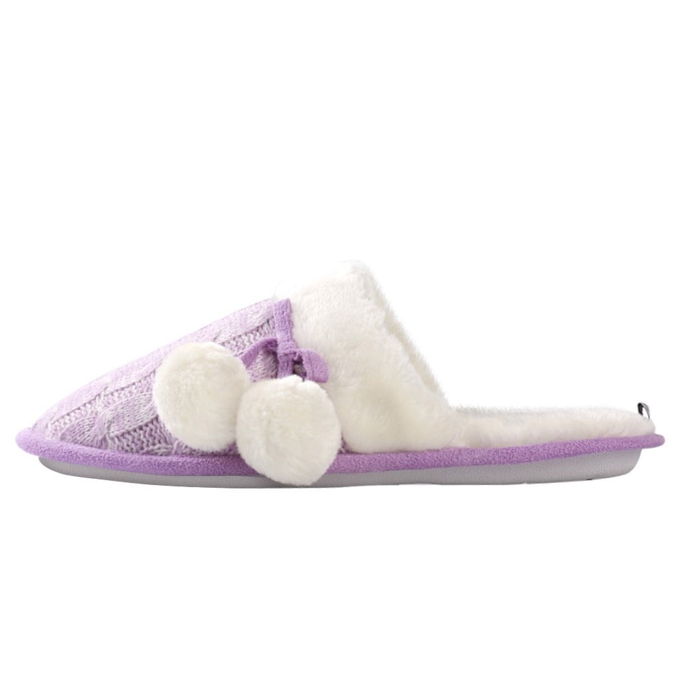 Women’s Fuzzy Knit Pom-Pom Memory Foam Slippers – Non-Slip House Shoes, Cozy Indoor Footwear