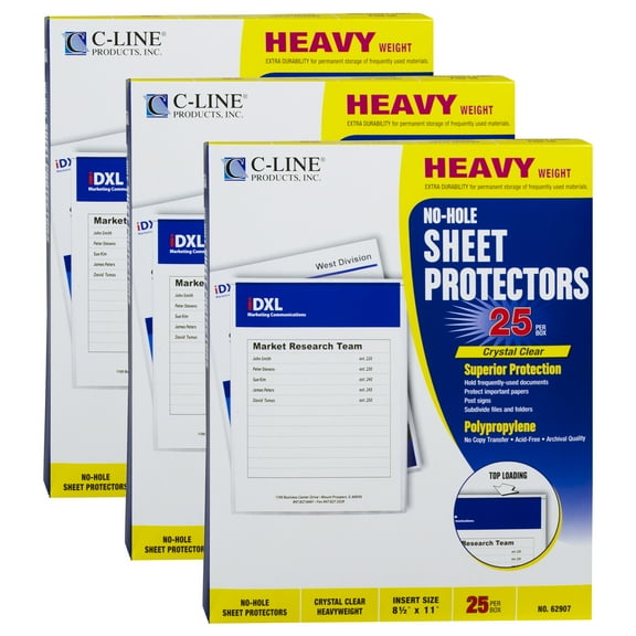 C-Line No-Hole Heavyweight Poly Sheet Protectors, Clear, Top Loading, 11" x 8-1/2", 25 Per Box, 3 Boxes