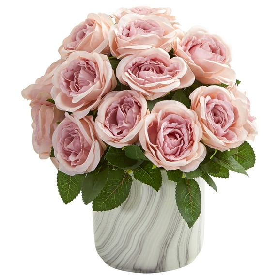 Nearly Natural Rose Artificial Flower Arrangement in Marble Finish Vase, Pink