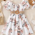 thumbnail image 1 of Toddler Girls Floral Graphic Puff Sleeve Shirred Belted Princess Dress For Party Beach Vacation Kids Summer Clothes, 1 of 1