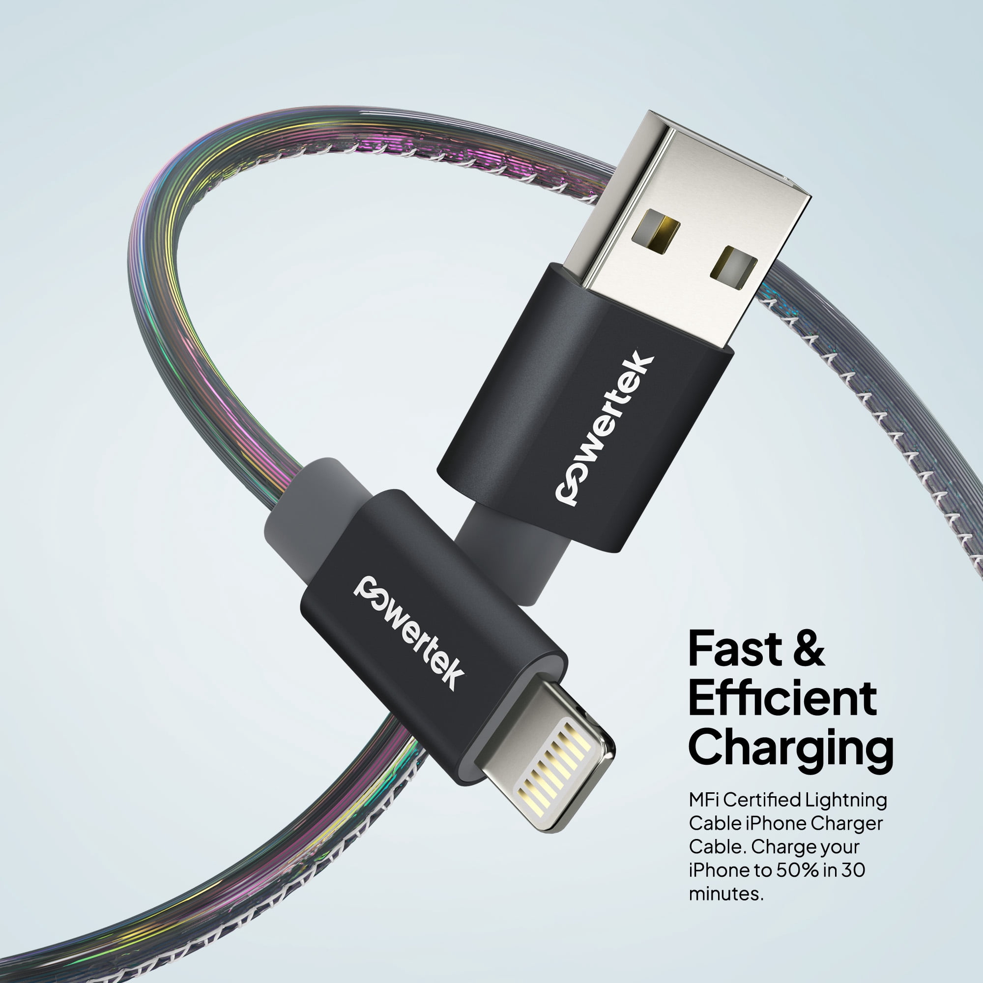 Powertek MFi Certified USB-A to Lightning Metallic Shine Pastel Charging Cable, 6 ft, Black