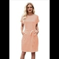 thumbnail image 2 of Vestido Camisero de Verano A Rayas de Corta para Mujer, Informal, con Lazo en la Cintura y Bolsillos, Color Naranja, Talla XL, 2 of 9