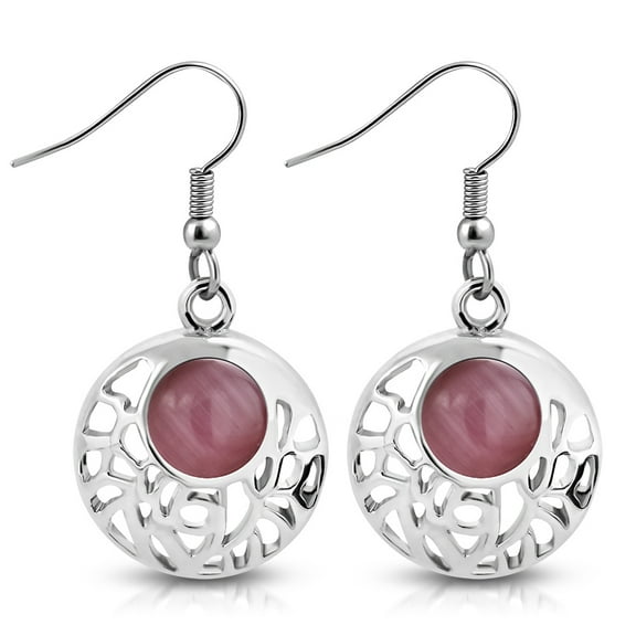 Stainless Steel Silver-Tone Pink  Simulated Gemstone Drop Dangle Earrings, 1.45"