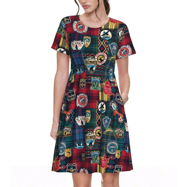 Saiise Robe d'Été à Motif Badge pour Camping Aventure pour Femmes T-Shirt Décontracté Manches Courtes Robe de Plage Florale avec Poches