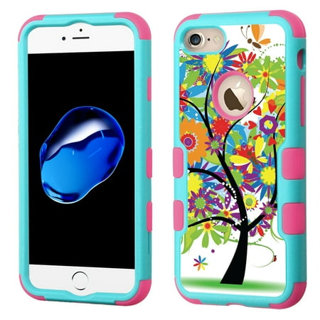 One Tough Shield ® 3-Layer Hybrid Case (Teal w/Pink Silicone) for Apple iPhone 7 - Colorful Tree