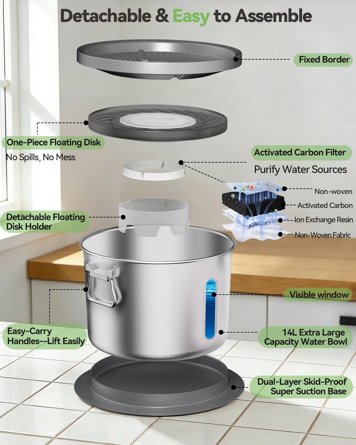 14L No Spill Dog Water Bowl, Stainless Steel Spill Proof Dog Bowl with Water Window, Dual-Suction Anti-Slip Large Capacity Slow Drinking Bowl with Floating Disk for Large Dogs & Messy Drinkers
