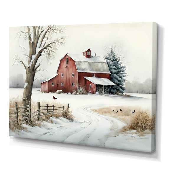 Designart Calm Red Barn In Winter III Canvas Wall Art
