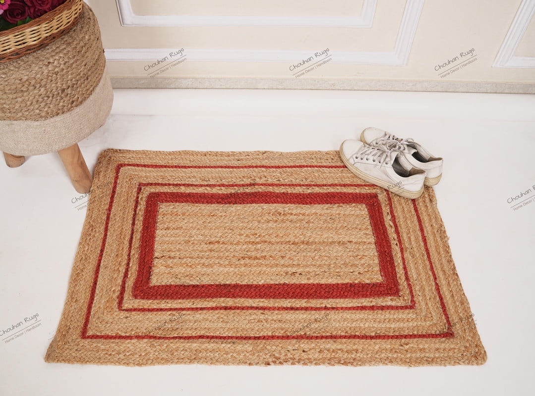 Rectangle Rug Natural Jute Rug Hand Braided Beige and Red Color Scalloped Area Rug