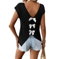 thumbnail image 3 of Womens V Neck Casual Bowknot Short Sleeve T-Shirt Colorblock Summer Blouse For Women, 3 of 6