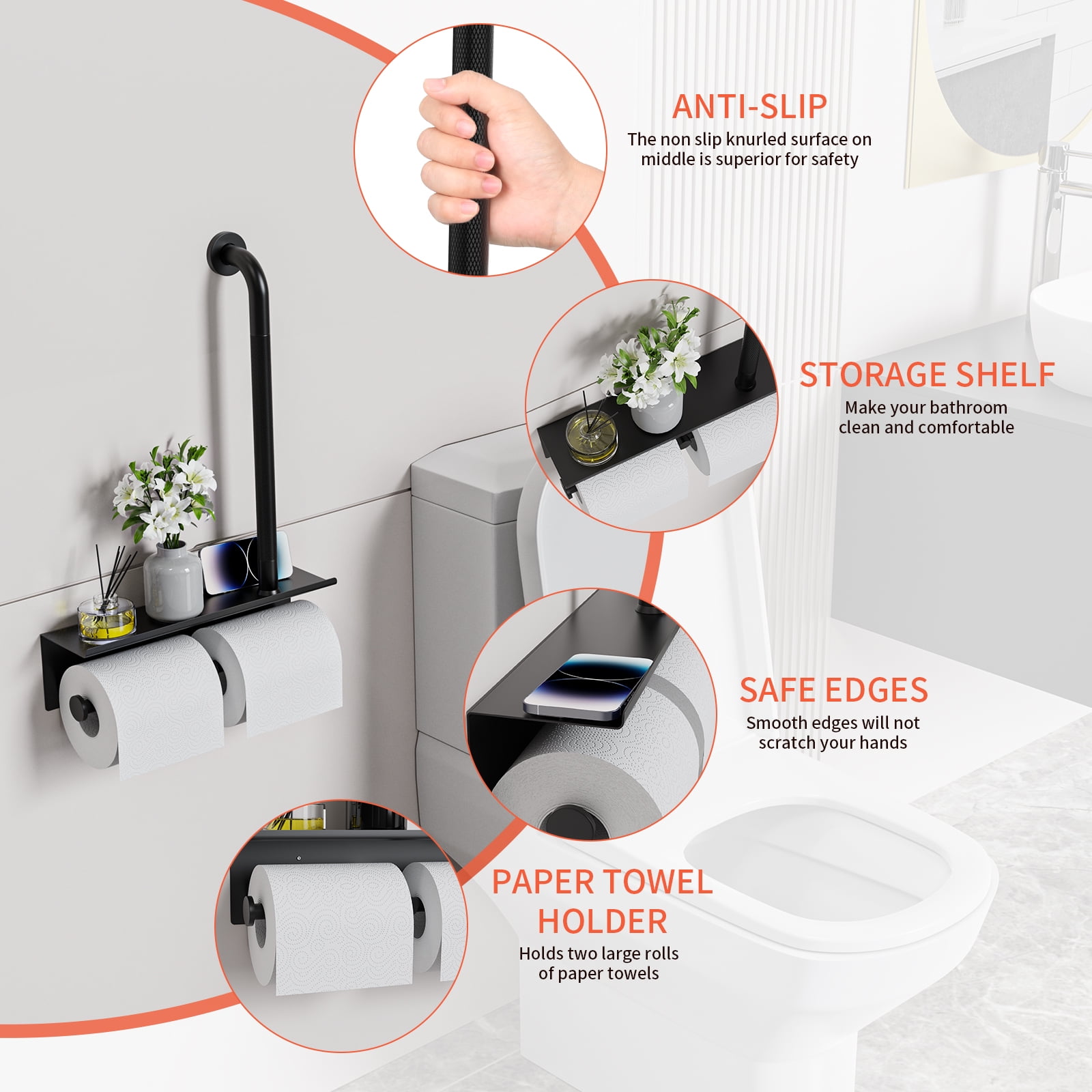 Bathroom Grab Bar with Shower Shelves, ZUEXT Black Toilet Paper Holder 3 in 1 Bathroom Organizers and Storage, Anti Slip Stainless Steel Safety Hand Rail for Handicap Elderly Senior Assist