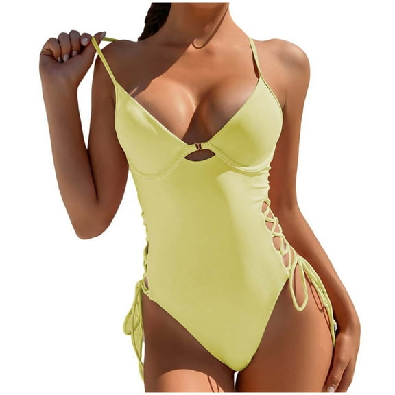 Womens Clearance asdoklhq Swimsuits for Women Plus,Women One-Piece Bikini Solid Color Swimwear Swimsuit Beachwear Set
