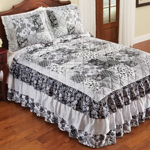 Grey Floral Patchwork Design Ruffled BedspreadGreyTwin