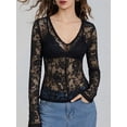 thumbnail image 4 of Mesh Tops for Women Sheer Long Sleeve Tops V Neck Lace Blouses Under Shirts Floral Lace Tee Shirt Black XXL, 4 of 9