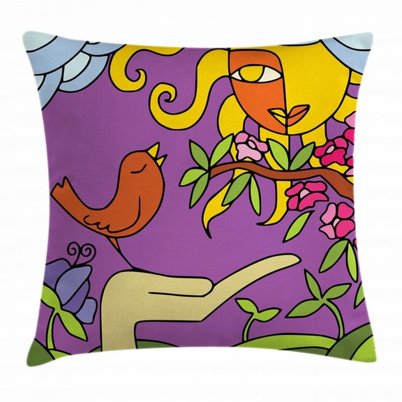 Surreal Throw Pillow Cushion Cover, Abstract Design of Sun with a Face of a Young Lady and a Tweeting Bird in Spring, Decorative Square Accent Pillow Case, 18 X 18 Inches, Multicolor, by Ambesonne