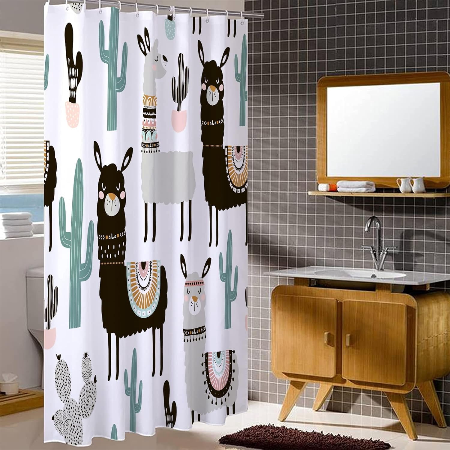 Stall 36"x72" Cute Alpaca Shower Curtain Set with Hooks,Funny Bathroom Curtain Kids Fabric Waterproof Bath Curtain Machine Washable