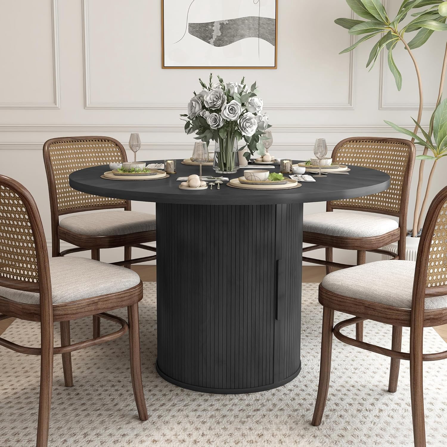 Wirrytor 47" Black Dining Room Table with Storage, Modern Round Table for 4, Kitchen table with 2-Layer Storage Shelves, Circle Dining Table