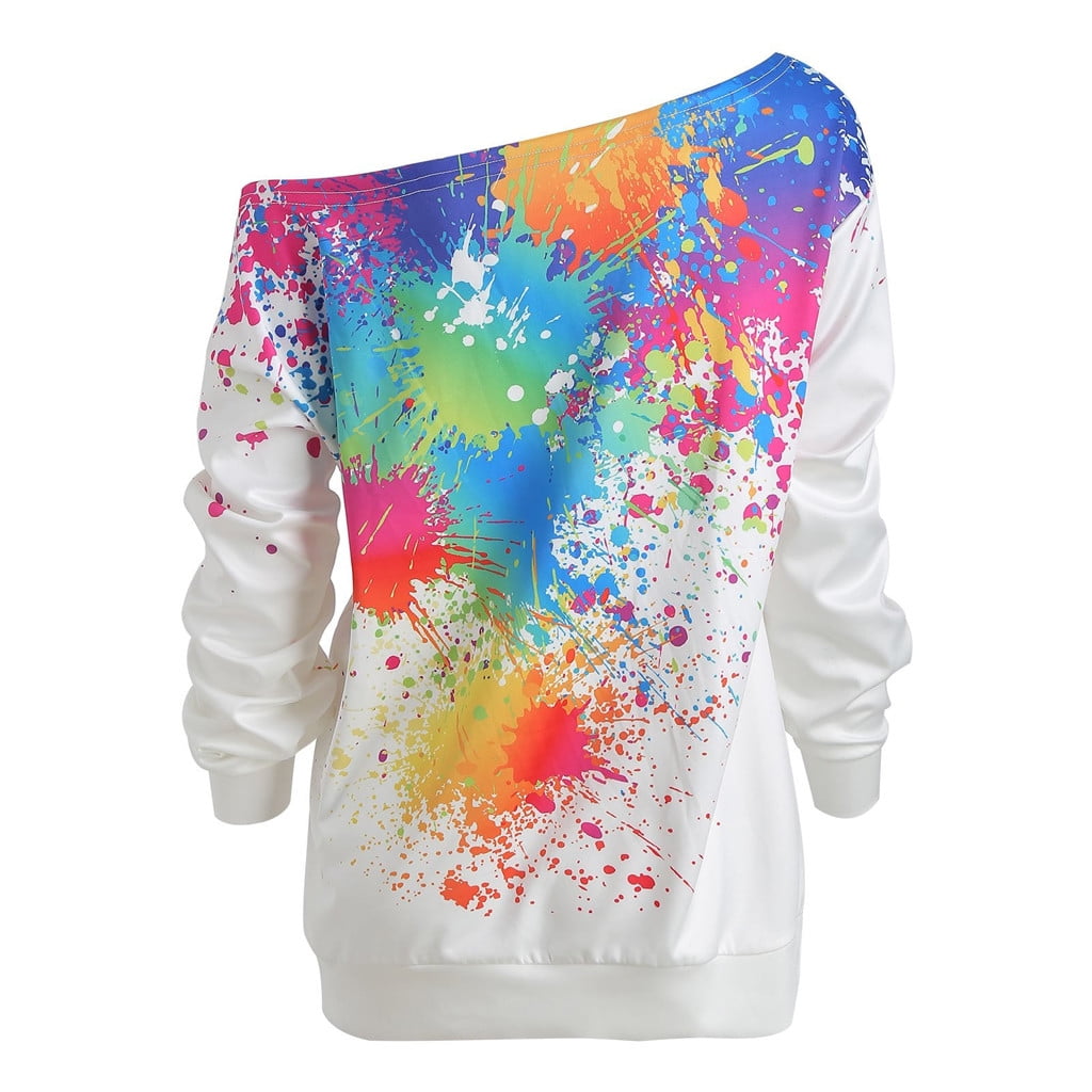 Women Skew Neck Tops,Cianjue Long Sleeve Paint Splatter Print Sweatshirt Top Blouse 