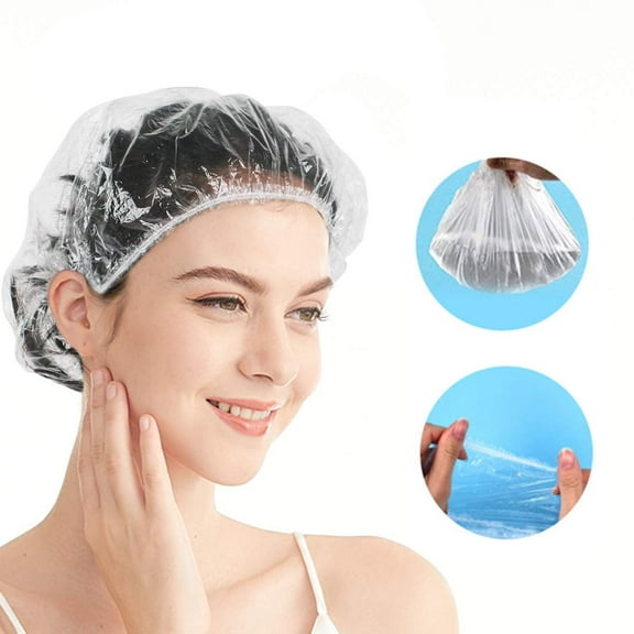100PCS Disposable Shower Caps, Plastic Clear Hair Cap Large Thick Waterproof Bath Caps for Women Men Kids Girls, Hotel Travel Portable Spa Salon Deep Conditioning Use