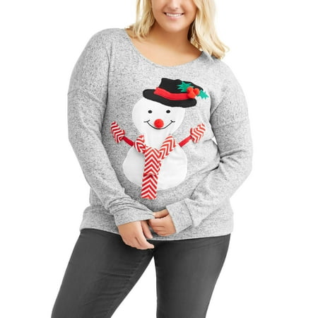 Junior's Plus Long Sleeve Snowman Graphic Top with Striped Criss Cross
