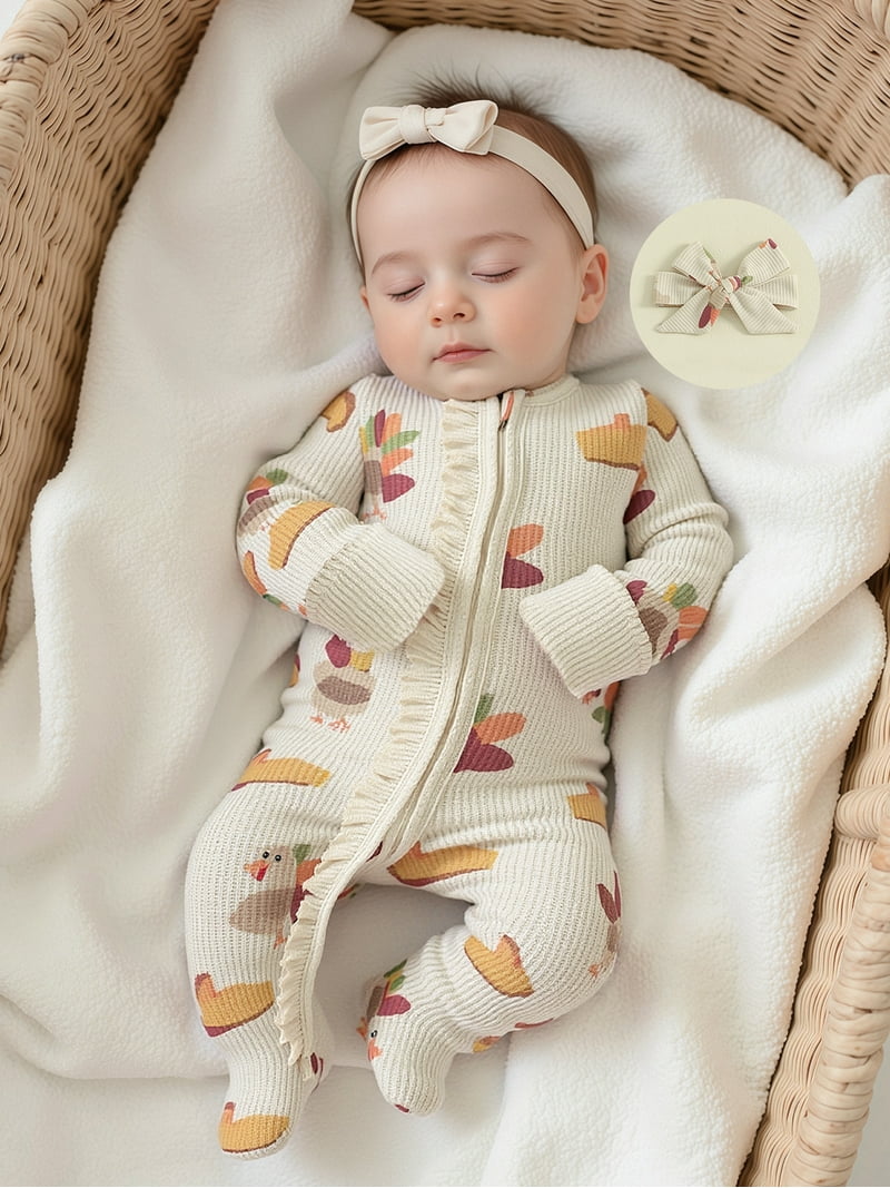 Baby Girl Thanksgiving Outfit - Lace Turkey Romper Skirt + Headband, 0-18 Months, 95% Cotton 3 thumbnail image